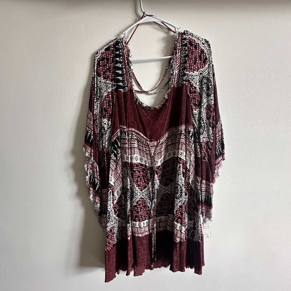 Free People Bohemian Burgundy and White Wide Sleeve  Dress